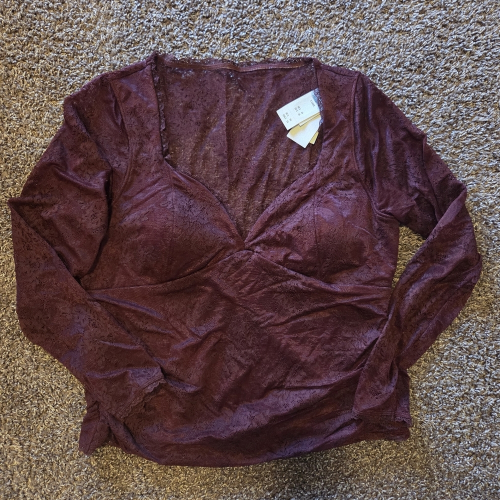 Abercrombie & Fitch Bra-Free Burgundy Lace Long Sleeve Top